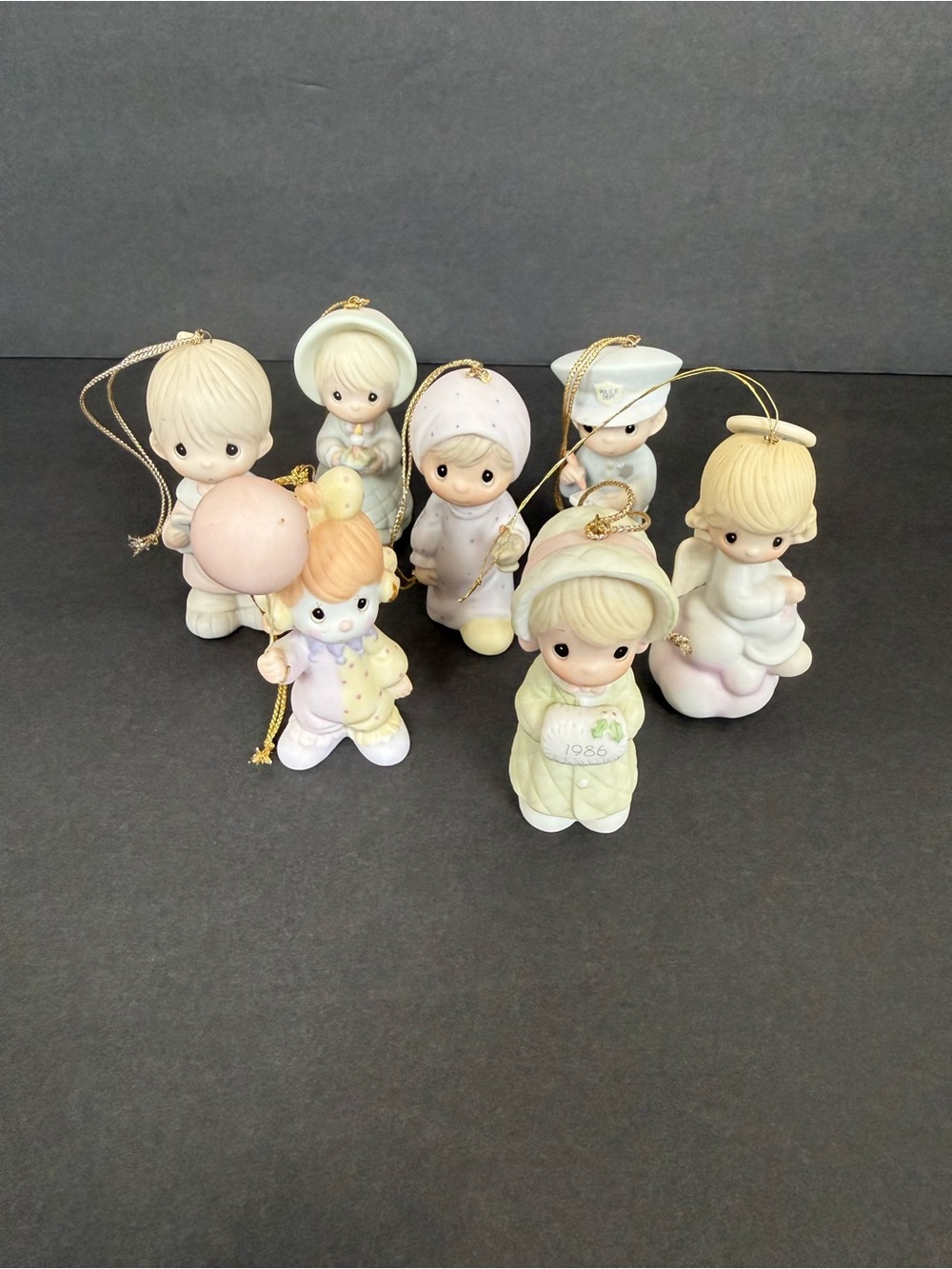 Precious Moments Pastel Holiday Ornament Set in Pink, Cream, Yellow, Blue VTG 7